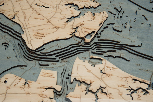 Norfolk, Virginia 3-D Nautical Wood Chart, Large, 24.5" x 31"