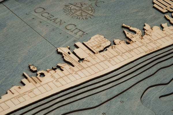 Ocean City, Maryland 3-D Nautical Wood Chart, Narrow, 13.5" x 43"