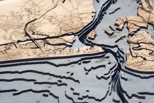 Sunset Harbor to Wilmington 3-D Nautical Wood Chart, Narrow, 13.5" x 43"
