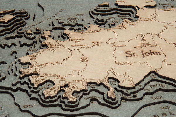 St. Thomas / St. John, U.S. Virgin Islands 3-D Nautical Wood Chart, Narrow, 13.5" x 43'