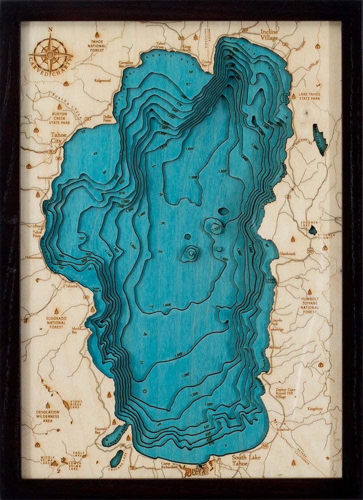 Lake Tahoe 3-D Nautical Wood Chart, Small, 12" x 16"