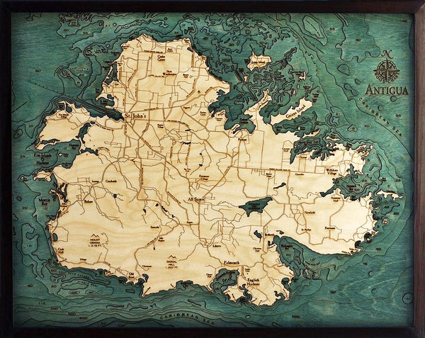 Large 3-D wood chart of Antigua in frame on black background