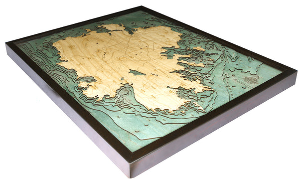 Large 3-D wood chart of Antigua in frame on white background
