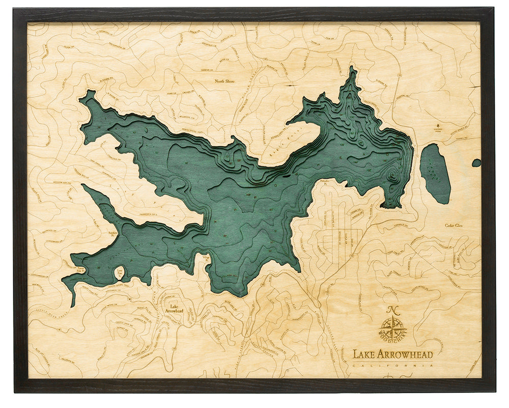 Lake Arrowhead, California Wood Chart in solid frame
