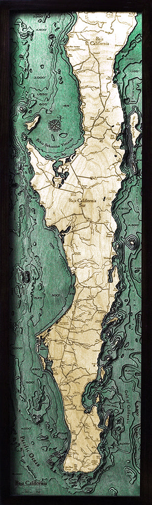 3-D Wood Chart of Baja Peninsula using green and light colored wood in frame with black background