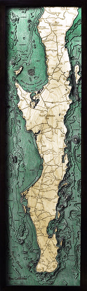 3-D Wood Chart of Baja Peninsula using green and light colored wood in frame with black background