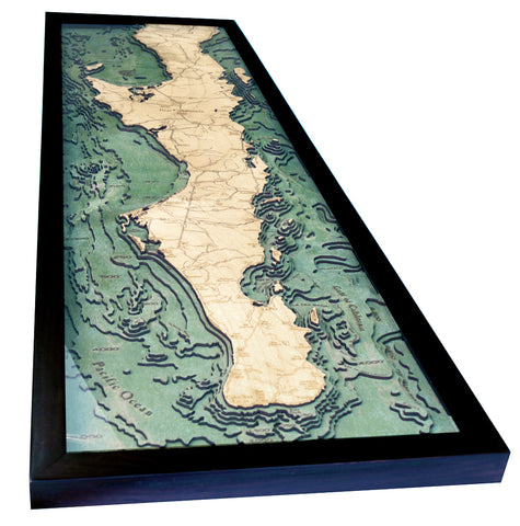 3-D Wood Chart of Baja Peninsula using green and light colored wood in black frame with white background laid down