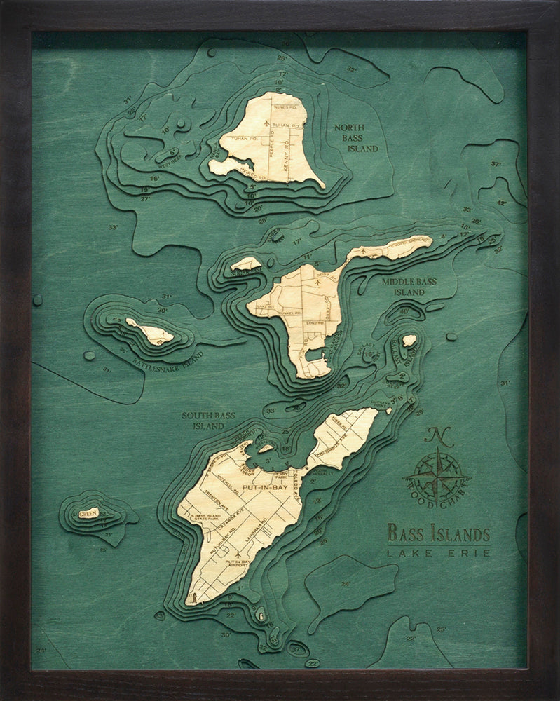 Bass Islands / Put-in-Bay, Ohio wood chart on black background with black frame