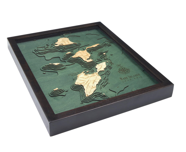 Bass Islands / Put-in-Bay, Ohio wood chart on white background with black frame laying flat