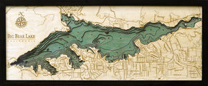Big Bear Lake, California wood chart using green and natural colored wood on black background with black frame