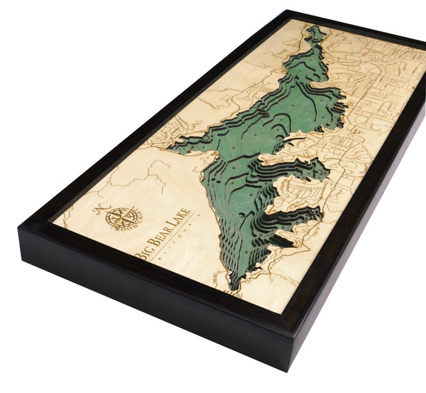 Big Bear Lake, California wood chart using green and natural colored wood on white background with black frame