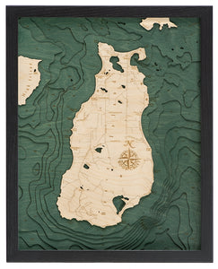 Beaver Island, Michigan wood chart using green and natural colored wood on white background with black frame