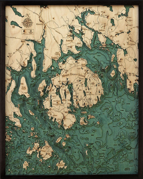 bar harbor / mount desert island in Maine wood chart on black background with black frame