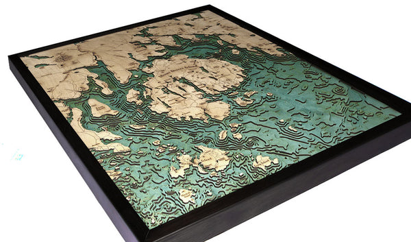 bar harbor / mount desert island in Maine wood chart on white background with black frame laying flat