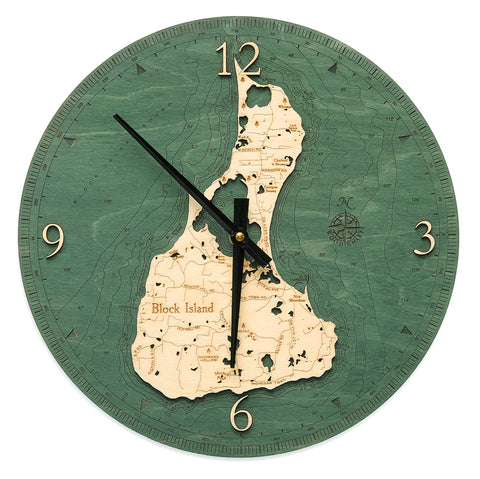 Wooden Block Island clock using green and natural colored wood on white background