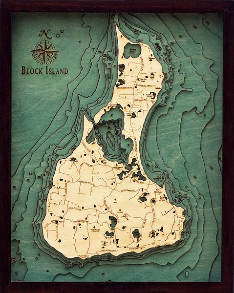 Block Island wood chart map using green and natural colored wood on black background with dark frame