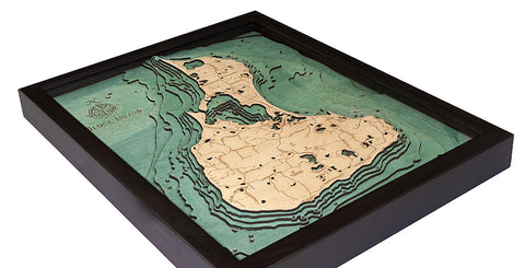Block Island wood chart map using green and natural colored wood on white background with dark frame