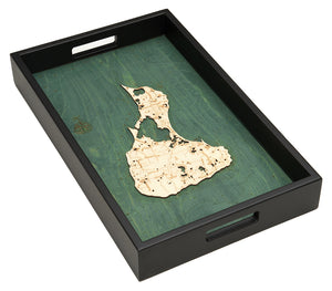 Wooden Block Island serving tray using green and natural colored wood on white background with black frame