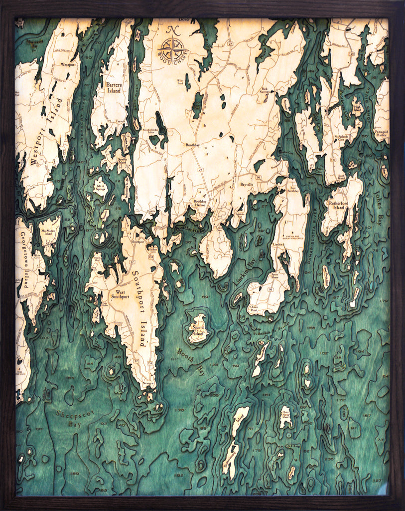 Boothbay Harbor, Maine wood chart map using green and natural colored wood on black background with dark frame