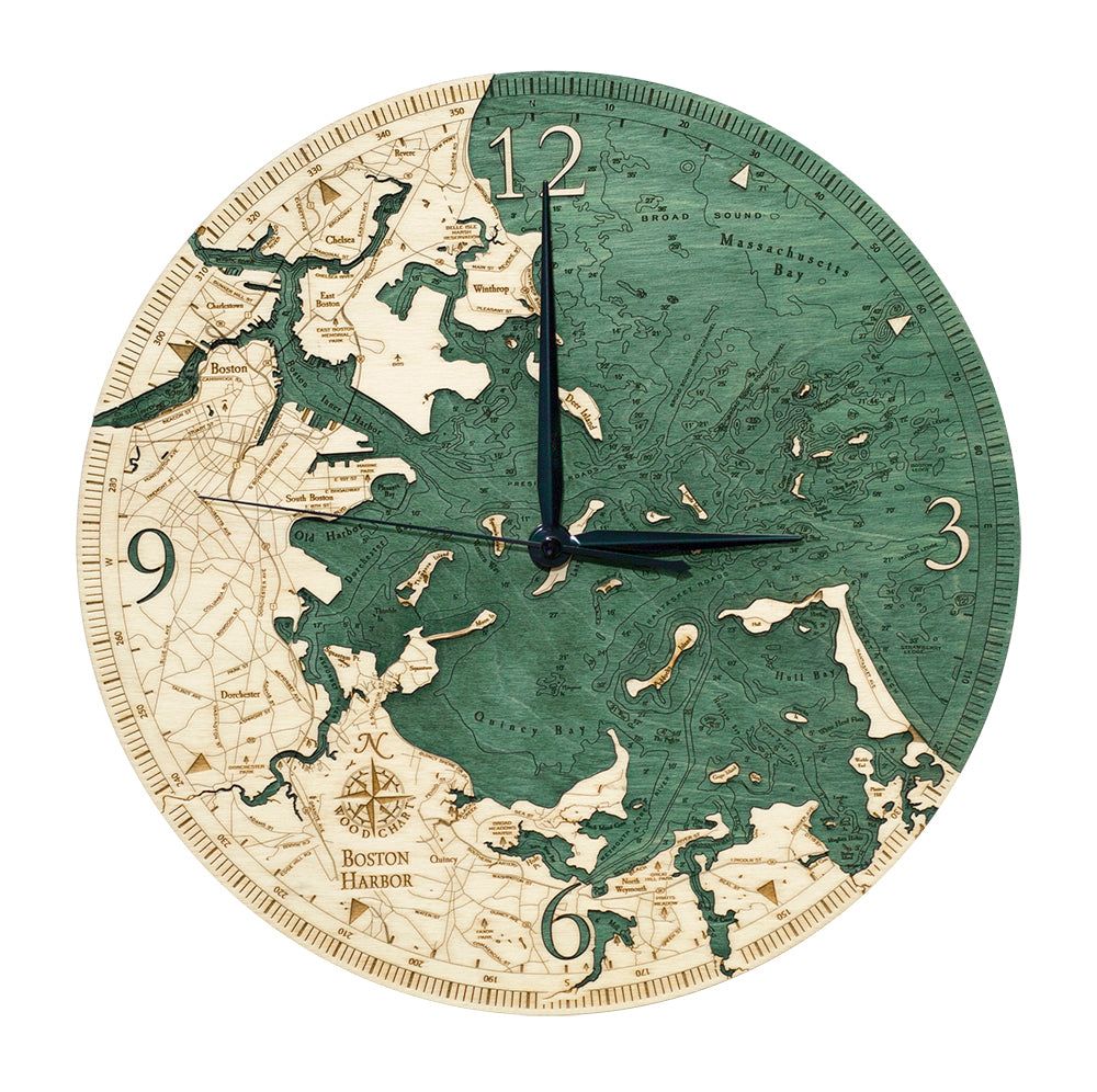 Boston Harbor clock using green and natural colored wood on white background