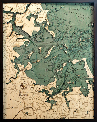 Boston Harbor, Massachusetts wood chart map made using green and natural wood on black background with dark frame