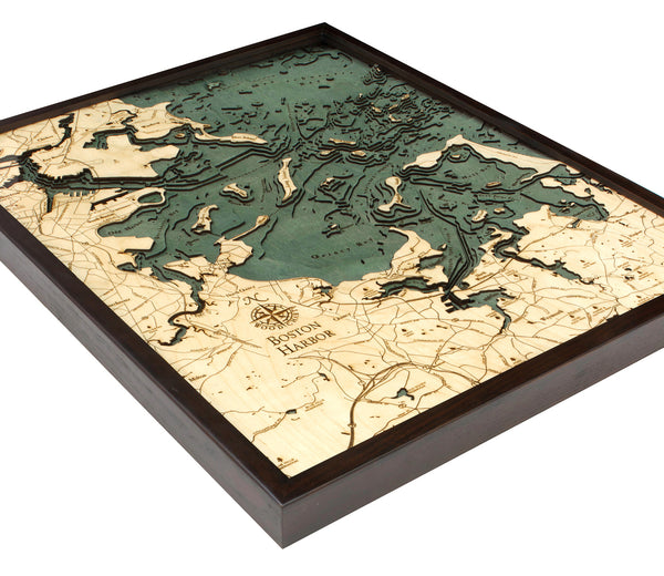 Boston Harbor, Massachusetts wood chart map made using green and natural wood on white background with dark frame