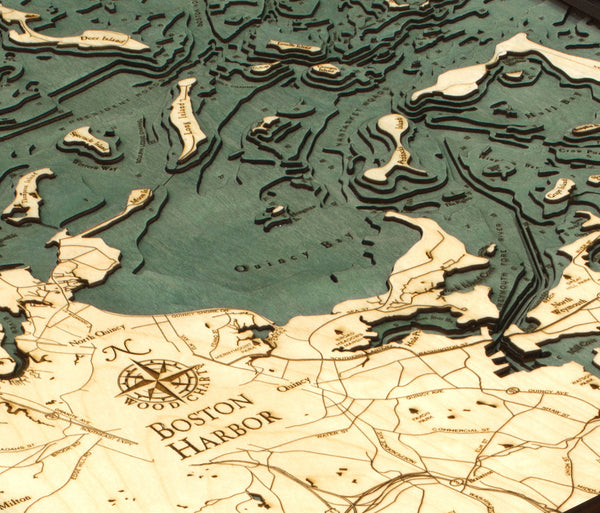 Boston Harbor, Massachusetts wood chart map made using green and natural wood up close