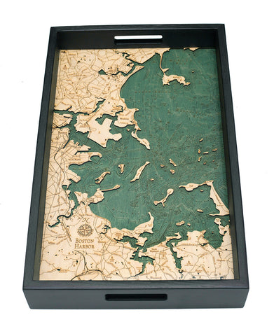 Boston Harbor serving tray made with green and white natural wood on white background with black serving frame