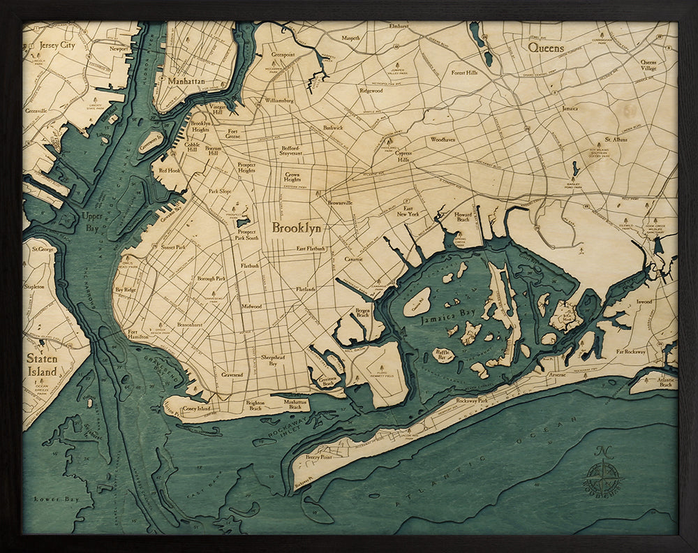 Brooklyn, New York wood chart map made using green and natural wood on black background with dark frame