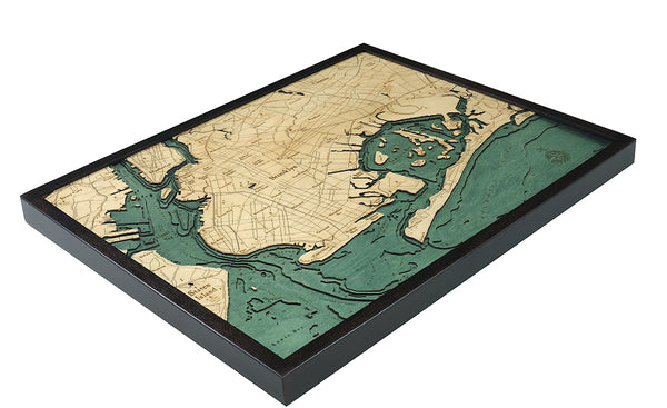 Brooklyn, New York wood chart map made using green and natural wood on white background with dark frame