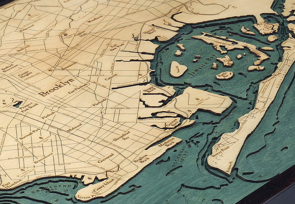 Brooklyn, New York wood chart map made using green and natural wood up close