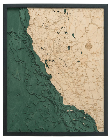 California Coast wood chart map made using green and natural wood on white background with dark frame