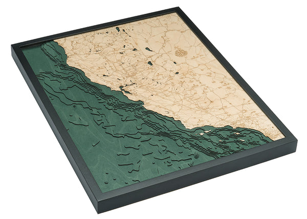 California Coast wood chart map made using green and natural wood on white background with dark frame