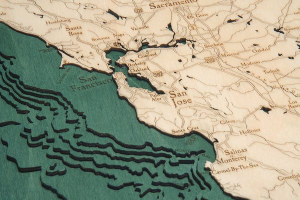 California Coast wood chart map made using green and natural wood up close