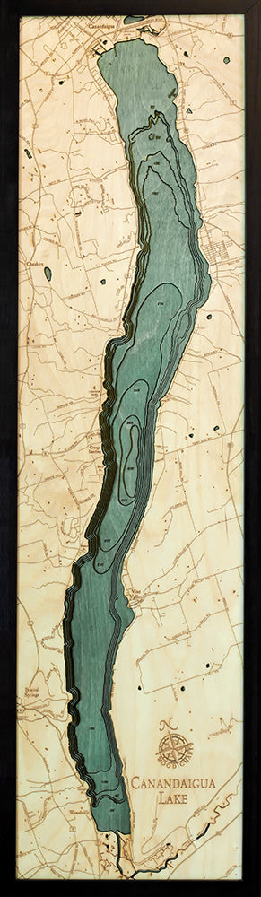 Canandaigua Lake, New York wood chart map made using green and natural wood on black background with dark frame