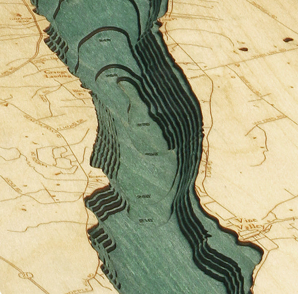 Canandaigua Lake, New York wood chart map made using green and natural wood zoomed in