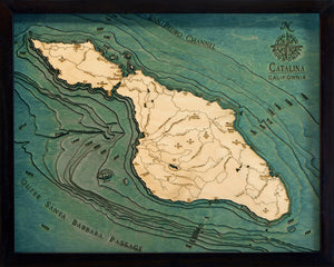 Catalina Island, California wood chart map made using green and natural wood on black background