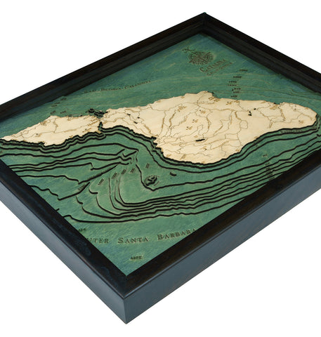 Catalina Island, California wood chart map made using green and natural wood on white background laying flat