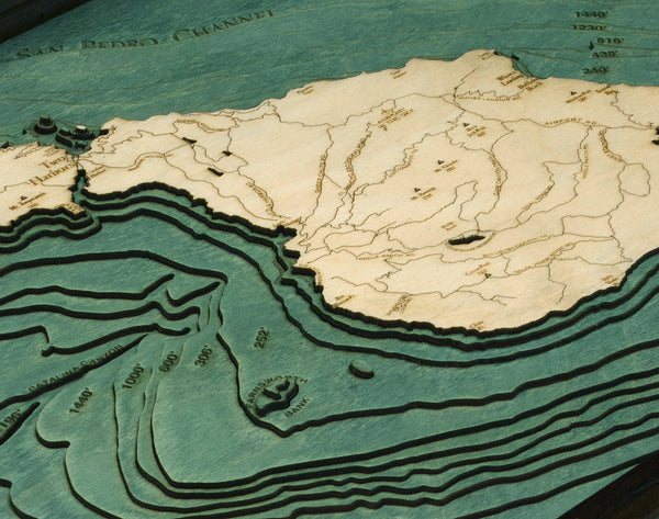 Catalina Island, California wood chart map made using green and natural wood up close