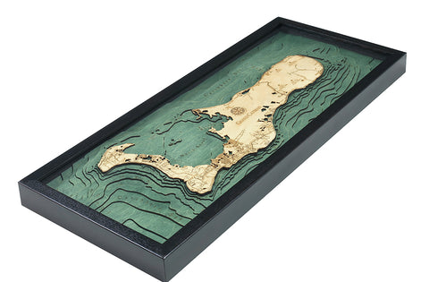 Grand Cayman wood chart map made using green and natural colored wood on white background with dark frame laying flat
