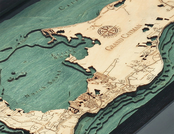 Grand Cayman wood chart map made using green and natural colored wood up close