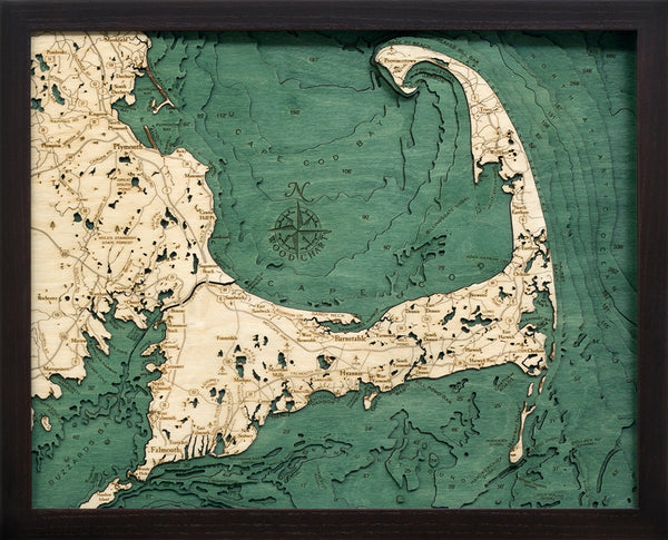 Cape Cod, Massachusetts wood chart map made using green and natural wood on black background