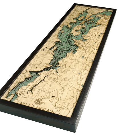 Laser-cut Lake Champlain Wood Chart in solid frame