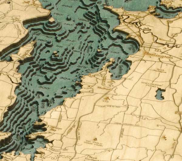 Lake Champlain Wood Chart in solid frame, up-close view