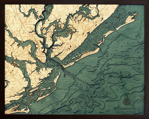 Charleston, South Carolina wood chart map made using green and natural wood on black background with dark colored frame