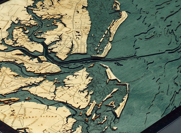Charleston, South Carolina wood chart map made using green and natural wood up close