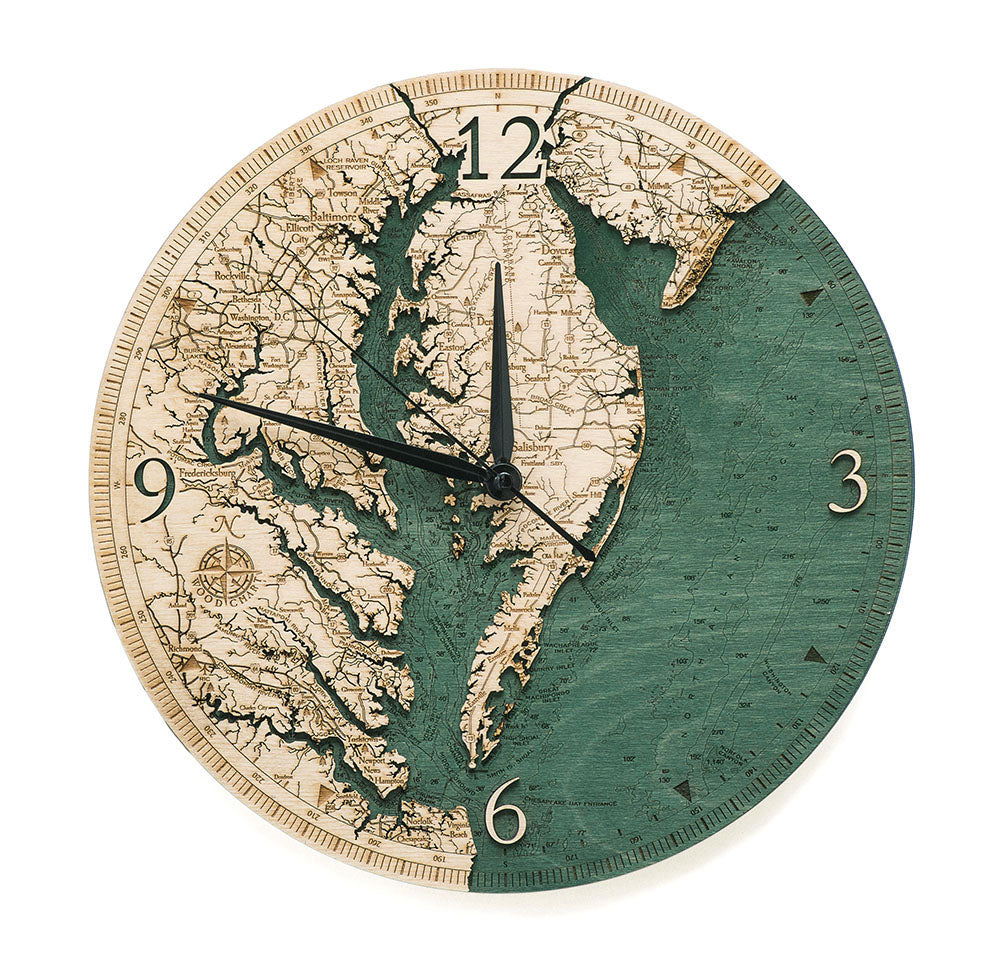 Chesapeake Bay clock made using green and natural colored wood on white background