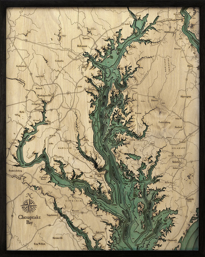 Chesapeake Bay wood chart map made using green and natural wood on black background with dark colored frame
