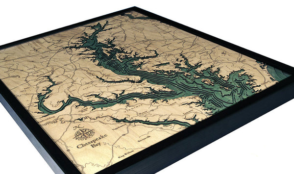 Chesapeake Bay wood chart map made using green and natural wood on white background with dark colored frame laying flat