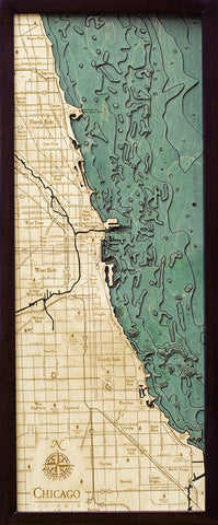 Chicago, Illinois wood chart map made using green and natural colored wood on black background with dark frame